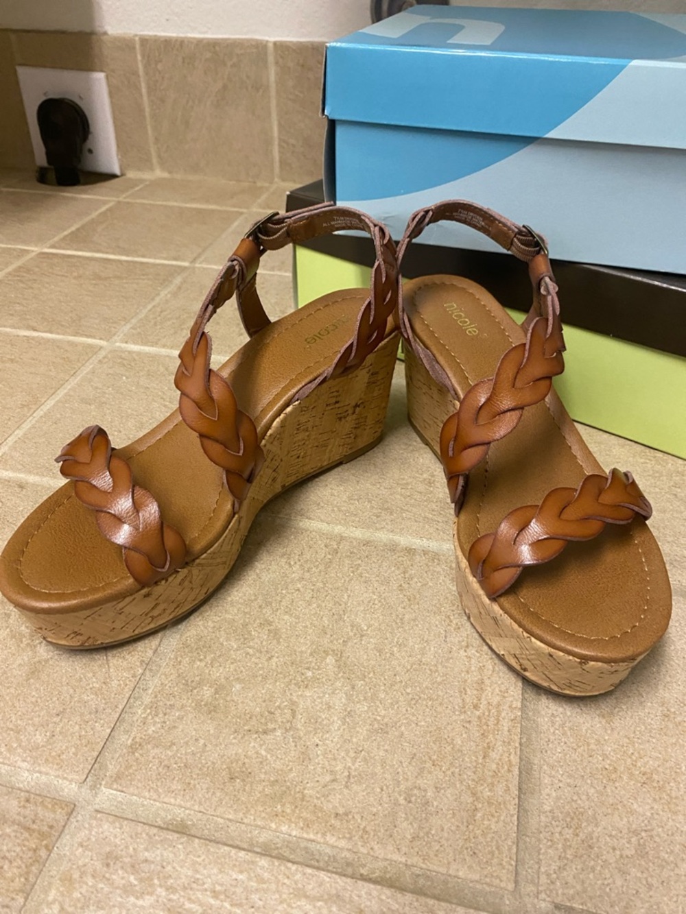 Nicole Braided Cork Wedge Sandals - Brown